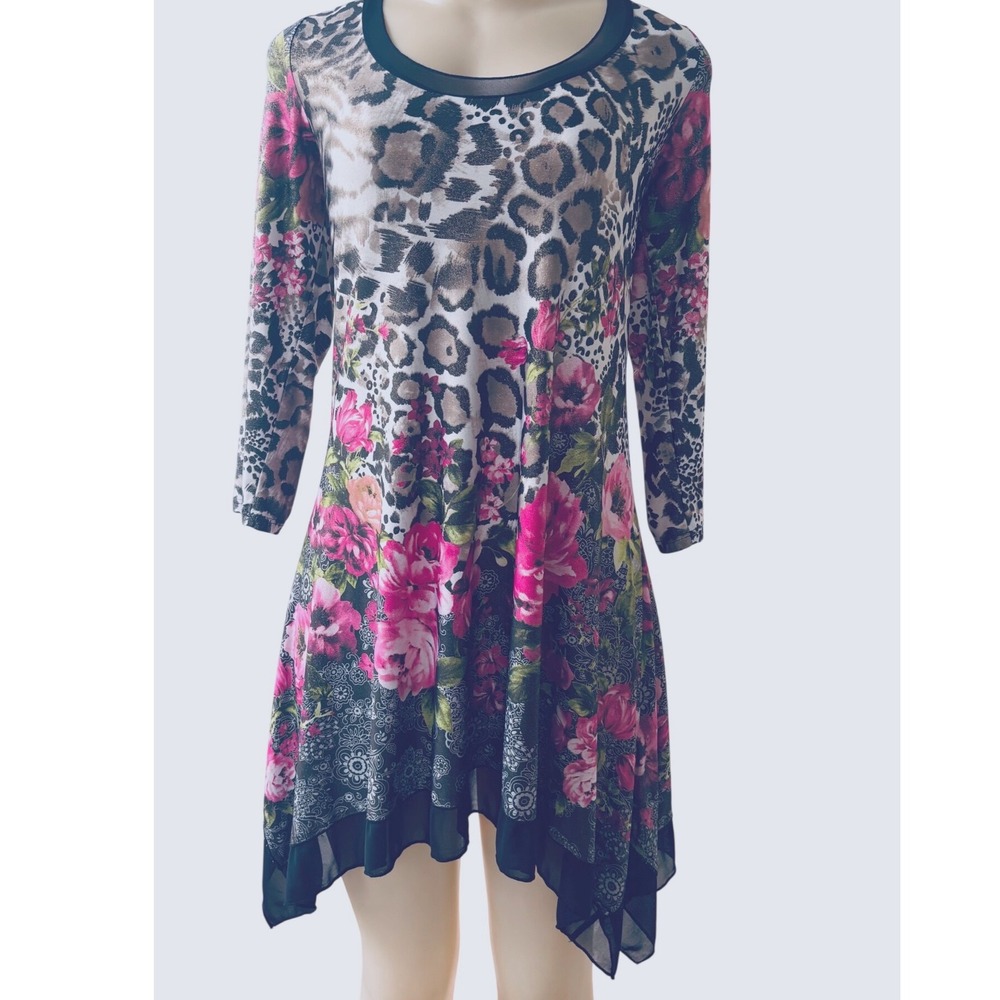 From the Heart Women's L Leopard Floral Print Tunic Dress Handkerchief Hem